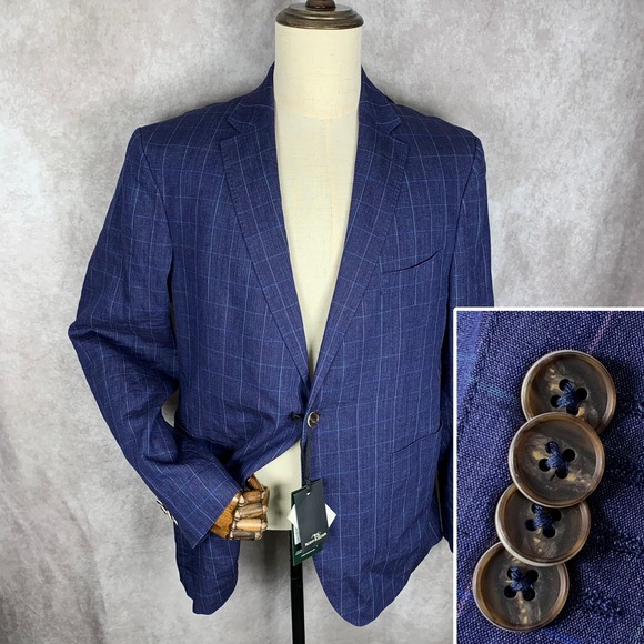 Rodd & Gunn Linen Blazer Men 2XL Blue Windowpane Elder Glacier SF Sport Coat NEW